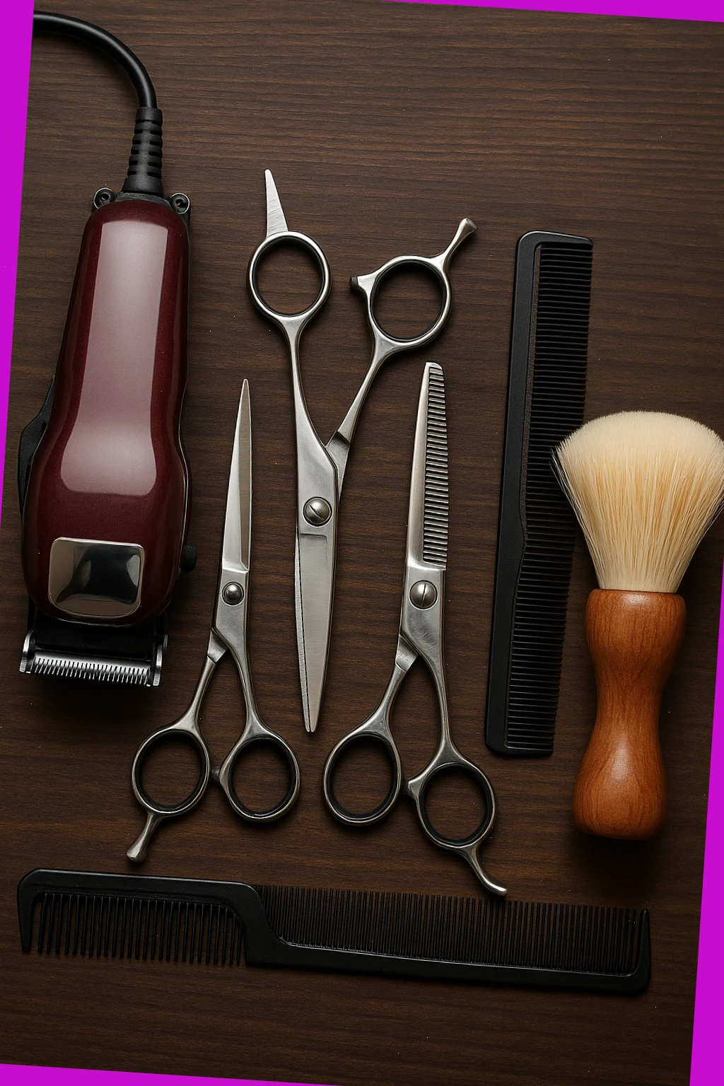 barber tools laid out: clippers, scissors, combs and neck brush ready for a tidy cut